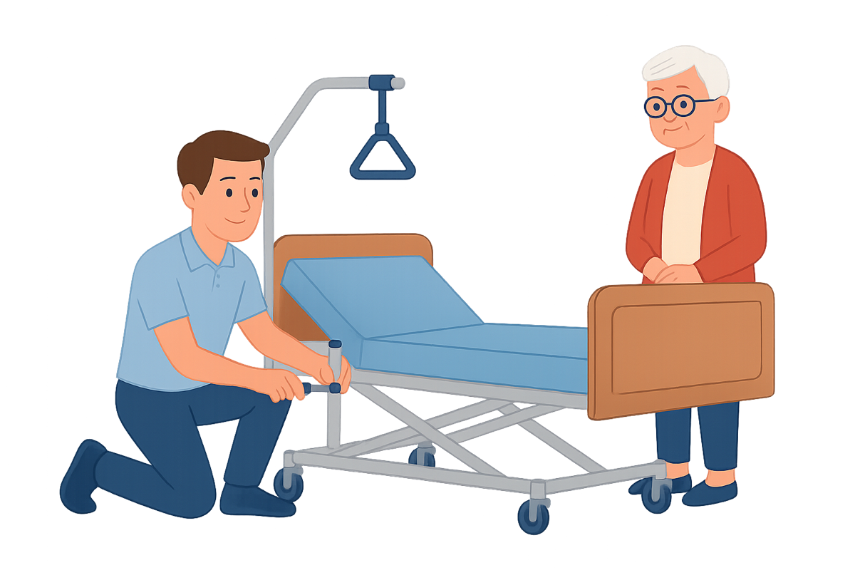 Reha & Care Mitarbeiter liefert und montiert Pflegebett beim Kunden zu Hause