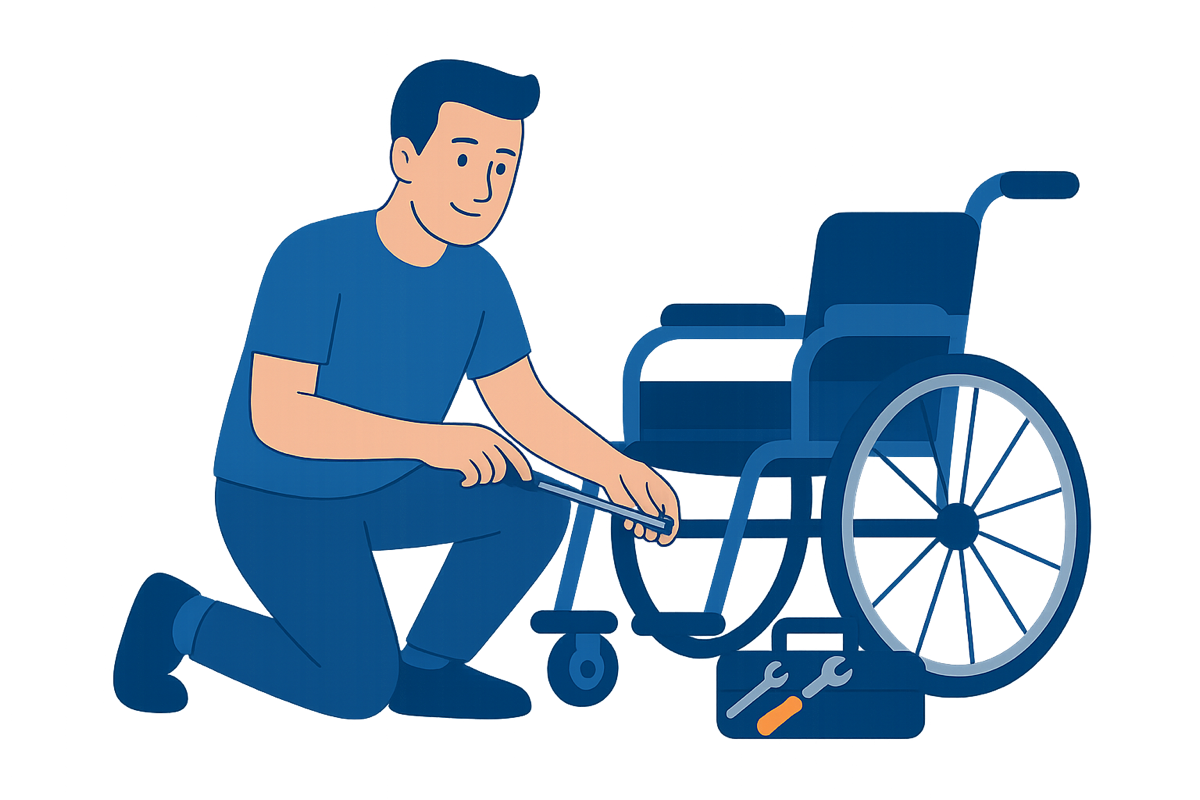 Werkstatttechniker von Reha & Care repariert Rollstuhl in eigener Fachwerkstatt Nürnberg